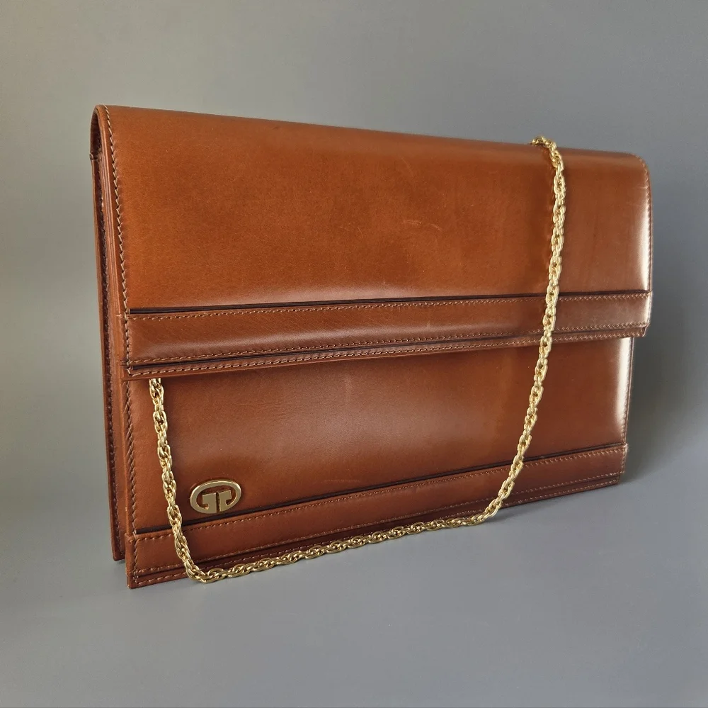 Vintage Gucci Cognac Leather Chain Shoulder Bag Envelope Clutch Purse - Picture 17 of 17